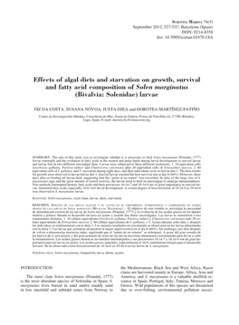 Effects of Algal Diets and Starvation on Growth, Survival and Fatty Acid Composition of Solen Marginatus (Bivalvia: Solenidae) Larvae