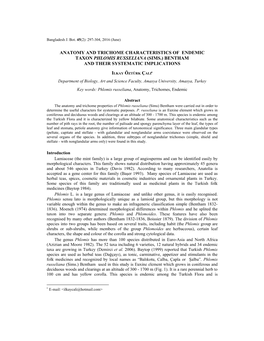 Anatomy and Trichome Characteristics of Endemic Taxon Phlomis Russeliana (Sims.) Bentham and Their Systematic Implications