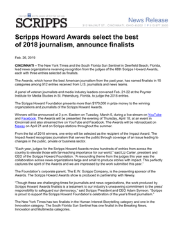 Scripps Howard Awards Select the Best of 2018 Journalism, Announce Finalists