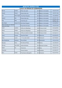 Canton De BOHAIN EN VERMANDOIS MEDECINS GENERALISTES