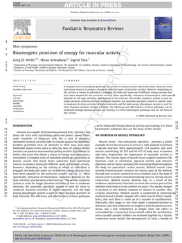 Bioenergetic Provision of Energy for Muscular Activity Greg D