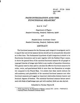 Path Integration and the Functional Measure* Abstract