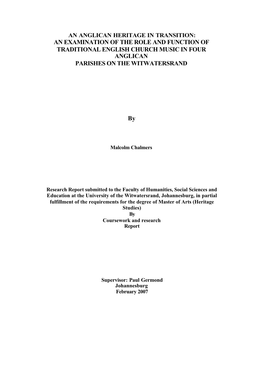 An Anglican Heritage in Transition: an Examination of the Role and Function of Traditional English Church Music in Four Anglican Parishes on the Witwatersrand