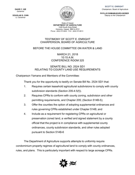 Testimony of Scott E. Enright Chairperson, Board of Agriculture Before the House Committee on Water & Land March 21, 2018 10