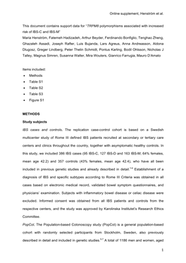 Online Supplement, Henström Et Al. This Document Contains Support Data for “TRPM8 Polymorphisms As