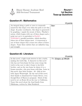 Illinois Masonic Academic Bowl 2020 Sectional Tournament Round 1 1St Section Toss-Up Questions Question #1: Mathematics Question