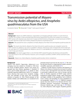 Transmission Potential of Mayaro Virus by Aedes Albopictus, and Anopheles Quadrimaculatus from the USA Constentin Dieme1* , Alexander T