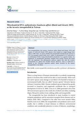 Gambusia Affinis (Baird and Girard, 1853) As the Invasive Mosquitofish in Taiwan