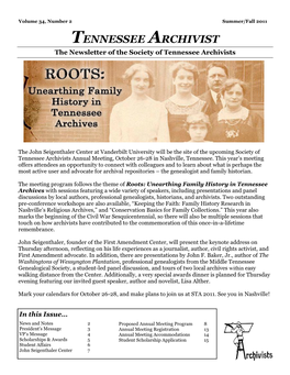Summer/Fall 2011 TENNESSEE ARCHIVIST the Newsletter of the Society of Tennessee Archivists