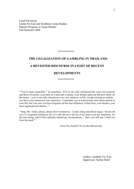 The Legalization of Gambling in Thailand: a Revisited Discourse In