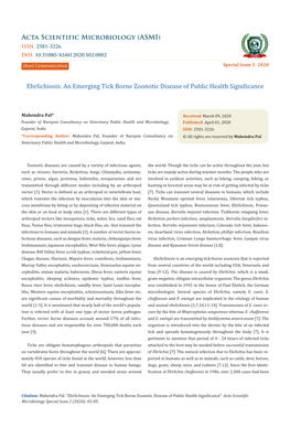 (ASMI) Ehrlichiosis: an Emerging Tick Borne Zoonotic