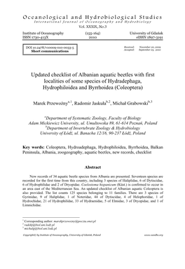 Updated Checklist of Albanian Aquatic Beetles with First Localities of Some Species of Hydradephaga, Hydrophiloidea and Byrrhoidea (Coleoptera)