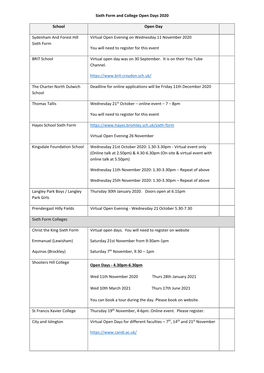 Sixth Form and College Open Days 2020 School Open Day Sydenham and Forest Hill Sixth Form Virtual Open Evening on Wednesday 11 N