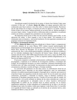 Reseña Al Libro Queja Del Alma Del Dr. José A. López,Editor