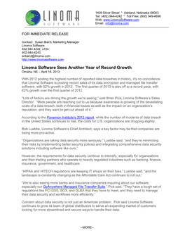 Linoma Software Sees Another Year of Record Growth Omaha, NE – April 18, 2013