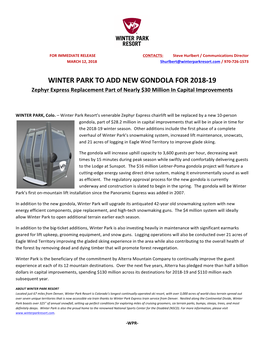 Winter Park to Add Gondola for 2018-19