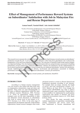 Effect of Management of Performance Reward Systems on Subordinates’ Satisfaction with Job in Malaysian Fire and Rescue Department