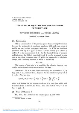 The Modular Equation and Modular Forms of Weight One