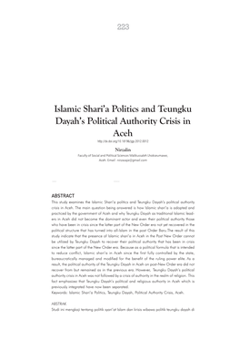 Islamic Shari'a Politics and Teungku Dayah's Political Authority Crisis In