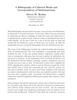 A Bibliography of Collected Works and Correspondence of Mathematicians Steven W