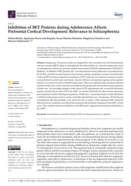 Inhibition of BET Proteins During Adolescence Affects Prefrontal Cortical Development: Relevance to Schizophrenia