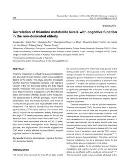 Correlat Ion of Thiamine Metabolite Levels with Cognitive Function in the Non-Demented Elderly