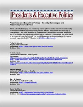 Presidents and Executive Politics – Faculty Homepages and Presidency Course Syllabi