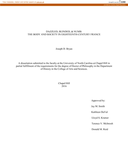 THE BODY and SOCIETY in EIGHTEENTH-CENTURY FRANCE Joseph D. Bryan a Dissertation Submitted To