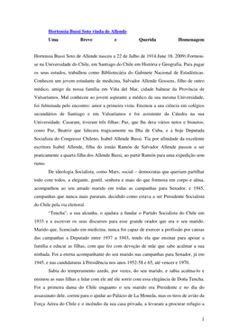 Hortensia Bussi Soto De Allende Nasceu a 22 De Julho De 1914.June 18, 2009) Formou- Se Na Universidade Do Chile, Em Santiago Do Chile Em História E Geografia
