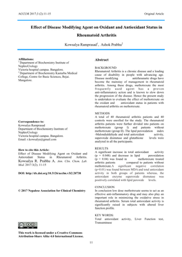 Effect of Disease Modifying Agent on Oxidant and Antioxidant Status in Rheumatoid Arthritis