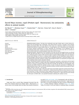 (Protium Copal - Burseraceae), Has Antianxiety T Eﬀects in Animal Models ⁎ Zul Meralia,B,E, Christian Cayera,B,E, Pamela Kenta,B,E, Rui Liuc, Victor Cald, Cory S