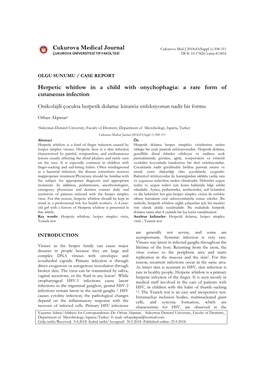 Herpetic Whitlow in a Child with Onychophagia: a Rare Form of Cutaneous Infection Onikofajili Çocukta Herpetik Dolama: Kütanöz Enfeksiyonun Nadir Bir Formu