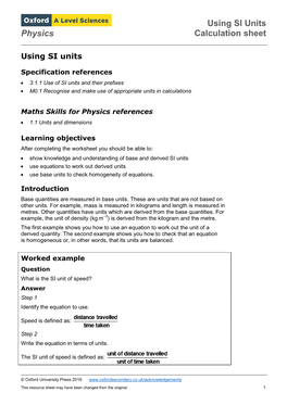 Using SI Units Calculation Sheet Physics