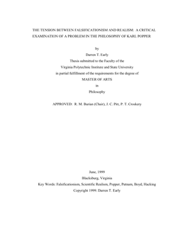 The Tension Between Falsificationism and Realism: a Critical Examination of a Problem in the Philosophy of Karl Popper