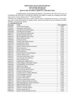 Ordem Dos Advogados Do Brasil Secção De São Paulo 137.º Exame De Ordem Resultado Na Prova Objetiva Após Recurso