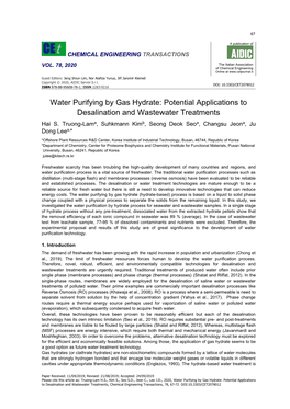 Water Purifying by Gas Hydrate: Potential Applications to Desalination and Wastewater Treatments, Chemical Engineering Transactions, 78, 67-72 DOI:10.3303/CET2078012