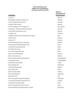 State Or Jurisdiction of Subsidiary Incorporation Actel, LLC Delaware Bloomingdale Telephone Company, Inc