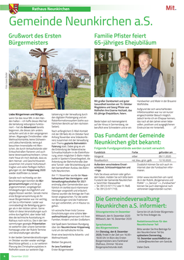 Gemeinde Neunkirchen A.S. Grußwort Des Ersten Familie Pfister Feiert Bürgermeisters 65-Jähriges Ehejubiläum Foto: Laura Distler Laura Foto: Foto: J