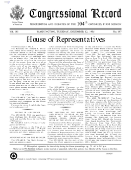 Congressional Record United States Th of America PROCEEDINGS and DEBATES of the 104 CONGRESS, FIRST SESSION