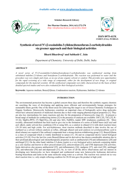 Benzofuran-2-Carbohydrazides Via Greener Approach and Their Biological Activities