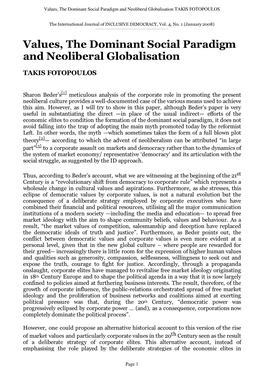 Values, the Dominant Social Paradigm and Neoliberal Globalisation TAKIS FOTOPOULOS