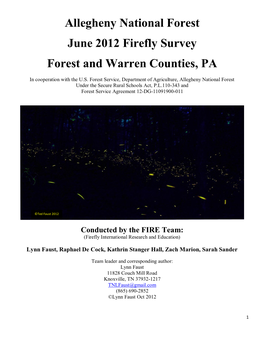 Allegheny National Forest June 2012 Firefly Survey Forest and Warren Counties, PA