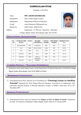 CURRICULAM VITAE Educational Qualification Seminar Participant