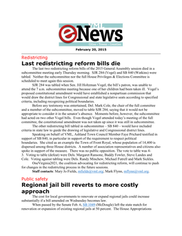 Last Redistricting Reform Bills Die Regional Jail Bill Reverts to More