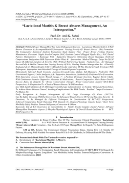 “Lactational Mastitis & Breast Abscess Management, an Introspection.”