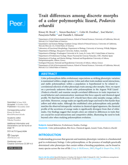 Trait Differences Among Discrete Morphs of a Color Polymorphic Lizard, Podarcis Erhardii