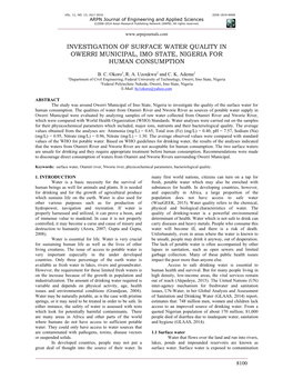 Investigation of Surface Water Quality in Owerri Municipal, Imo State, Nigeria for Human Consumption