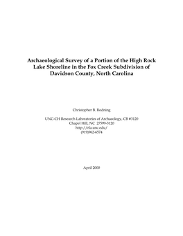 Archaeological Survey Along High Rock Lake Near