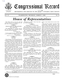 Congressional Record United States Th of America PROCEEDINGS and DEBATES of the 111 CONGRESS, FIRST SESSION