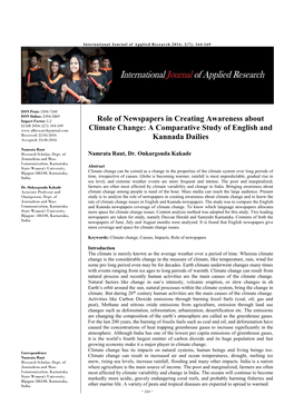 Role of Newspapers in Creating Awareness About Climate Change and to Know the Journalism and Mass Rate of Climate Change Issues in English and Kannda Newspapers